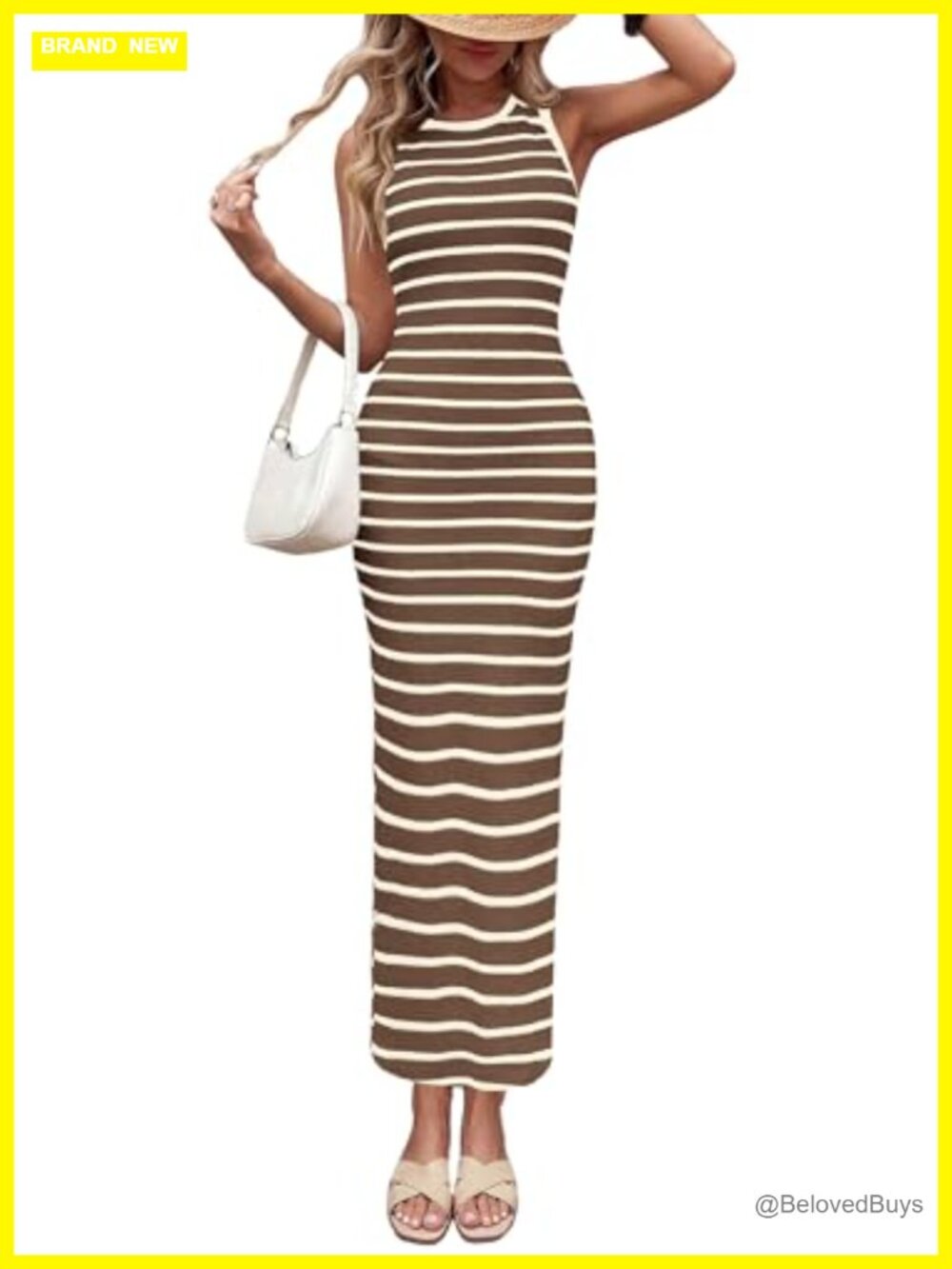 Striped Bodycon Maxi Dress Sleeveless Crew Neck Side Slit Summer Party Beach